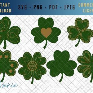 Puede incluir: Conjunto de seis diseños de trébol verde con detalles dorados. Los tréboles tienen diferentes patrones, incluyendo corazones, espirales y un nudo celta.