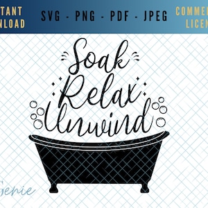 Puede incluir: Ilustración en blanco y negro de una bañera con burbujas y el texto "Soak Relax Unwind".