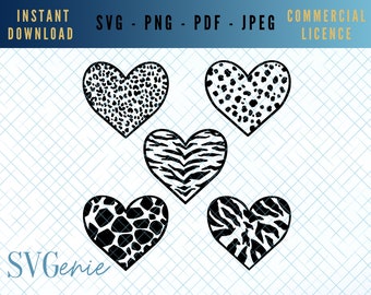 Animal print heart SVG bundle, leopard heart svg,  tiger print heart svg, patterned heart vector, heart silhouette, heart template