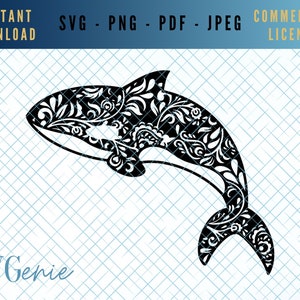 May include: Black and white silhouette of an orca whale with a floral pattern. The orca is jumping out of the water with its tail in the air.