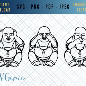 Hear no evil, see no evil, speak no evil SVG, no evil Buddha SVG, laughing Buddha vector, lucky Buddha svg, Buddha silhouette, zen SVG