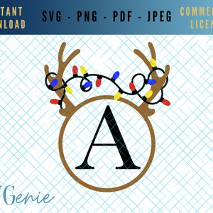 Reindeer monogram SVG, antler alphabet SVG, Christmas lights monogram vector, letter frame svg, initial frame template, letter frame stencil