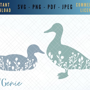 Pato SVG, pato floral PNG, pato madre svg, pato silvestre svg, vector pato nadador, pato de pie, pájaro de flores silvestres, patito vector