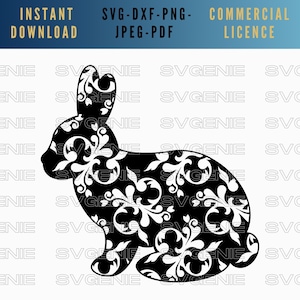 Damask bunny SVG, bunny rabbit DXF, patterned bunny cut file, rabbit silhouette, Easter bunny png, bunny template