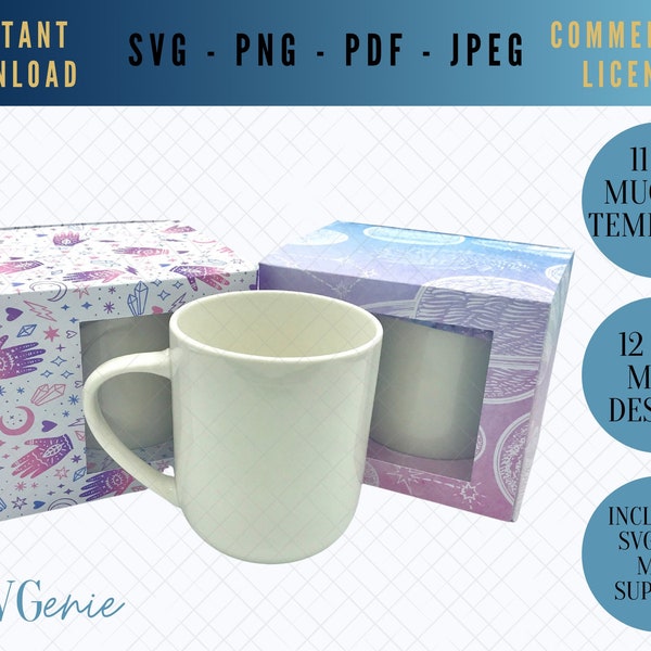 Mug box SVG template with window - mug presentation box with mug supports - gift box cut file, mug box vector, packaging by svgeniedesigns