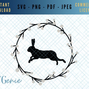 May include: A black silhouette of a running rabbit inside a circular wreath with white berries. The wreath is made of black branches. The words "INSTANT DOWNLOAD" and "COMMERCIAL LICENCE" are at the top. The image is a digital SVG file.