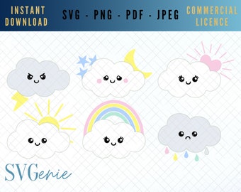 Kawaii Clouds SVG Bundle, Nursery Clipart (Digital Download)
