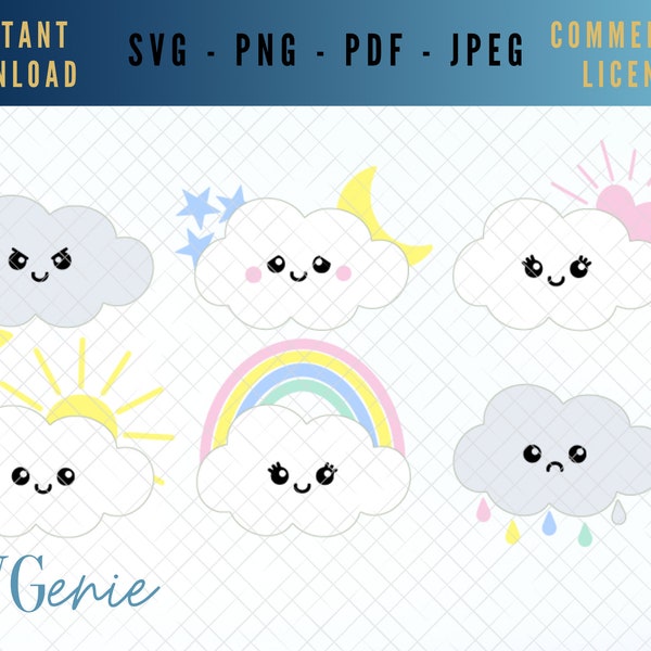 Clouds SVG bundle, kawaii clouds SVG, clouds with faces svg, cute clouds clip art, baby clouds vector, nursery svg clipart, clouds cut file