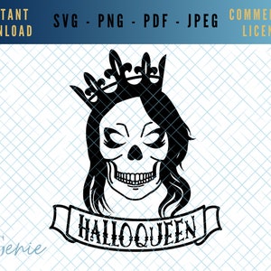 Halloqueen SVG, Halloween cut file, skull crown SVG, skeleton queen SVG, Halloween queen vector, female skull template, princess skeleton
