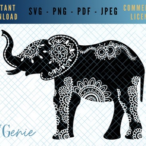 May include: Black silhouette of an elephant with intricate white mandala designs on its body. The elephant is facing the right side of the image.
