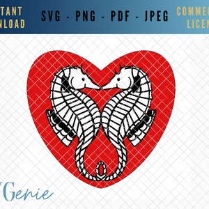 Puede incluir: Dos caballitos de mar negros y blancos se miran dentro de una forma de corazón roja.