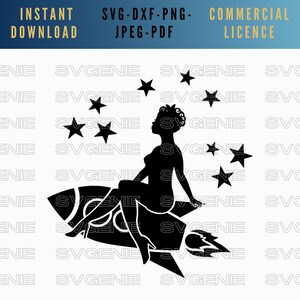 Dziewczyna rakieta SVG, statek rakietowy PNG, dziewczyna pin up SVG, Rosie nitownica dxf, przestrzeń svg, gwiazdy svg, plik cięcia do księżyca, sylwetka pin up z lat 50.
