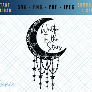 Mystieke maan SVG, hemelse svg, sterren svg, geschreven in het citaat van de sterren, astrale vector, mystieke maan svg, Wicca cut file, dromenvanger svg