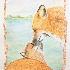 STAMPA A4 VOLPI, madre e cucciolo volpe, mamma e figlio, dipinto in acquarello, arte animale, illustrazioni animali, disegno di volpi, figli
