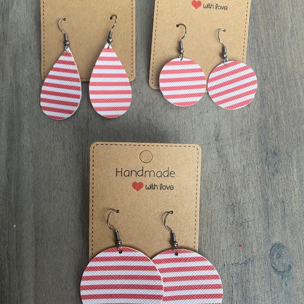 Red and White Stripped Faux Leather Earrings