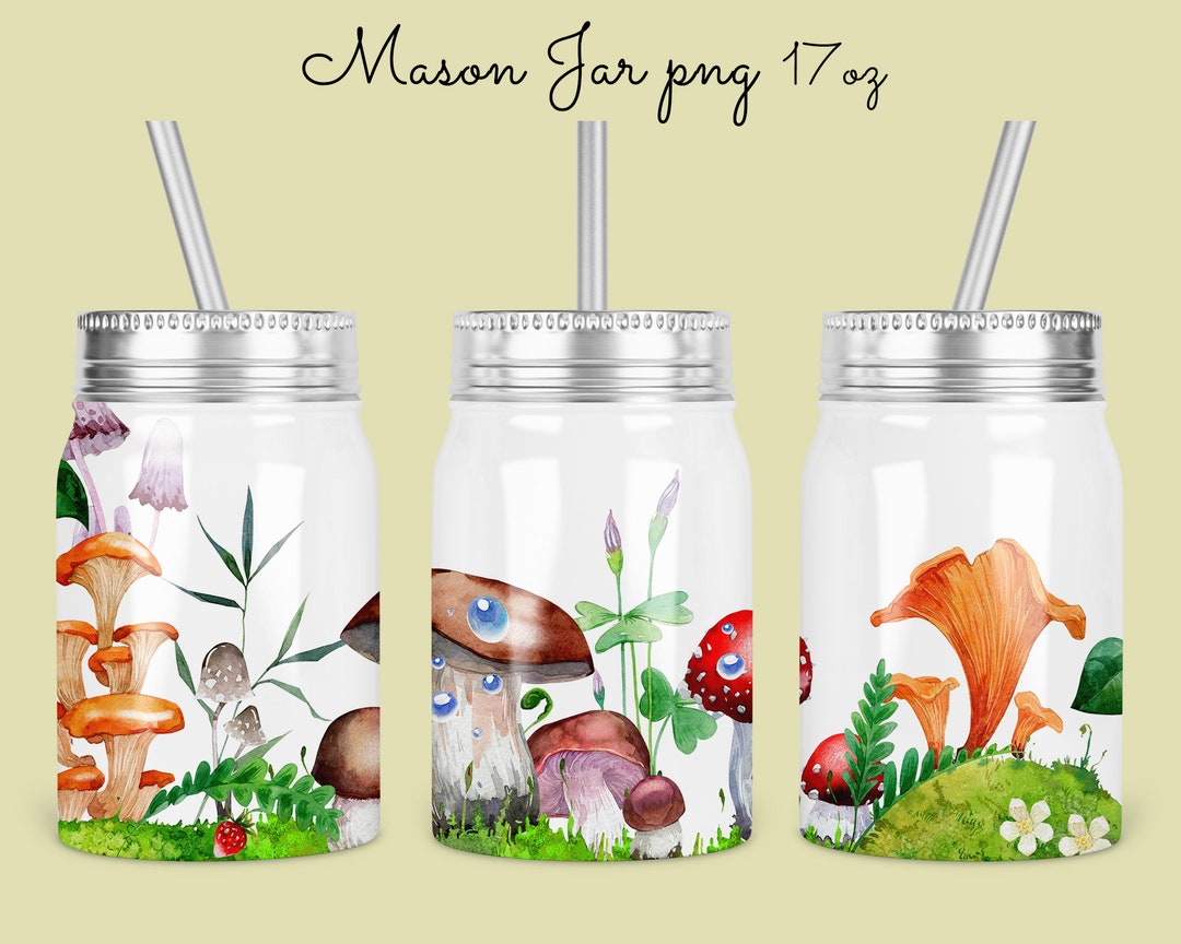 Mushroom Mason Jar Tumbler Sublimation Design Template, 17oz Watercolor