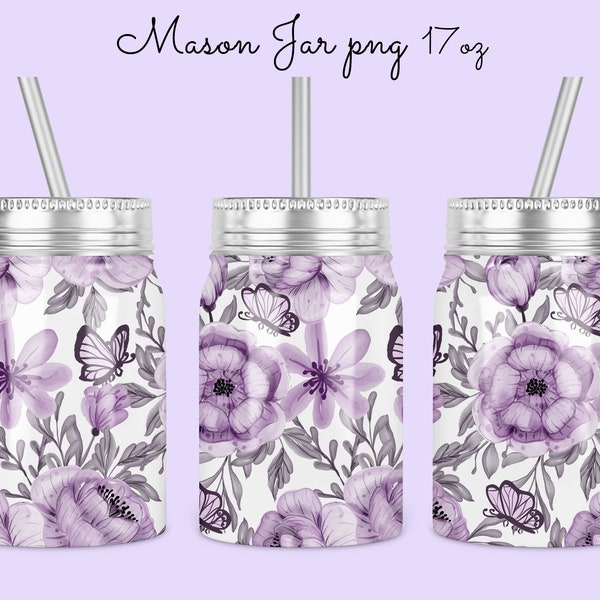 17oz Mason Jar Tumbler Sublimation Design Template, butterfly floral mason Jar tumbler Design to Sublimate Digital Instant Download PNG