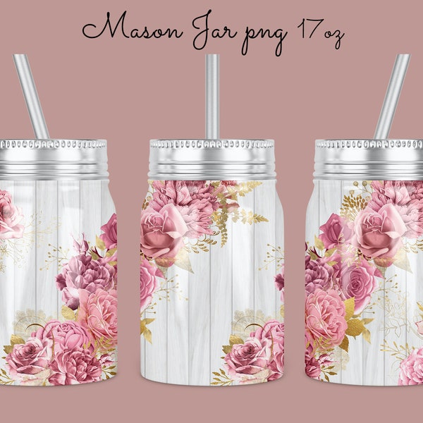 17oz Mason Jar Tumbler Sublimation Design Template, wooden background rose gold pink floral seamless Jar Designs Sublimate Digital Download