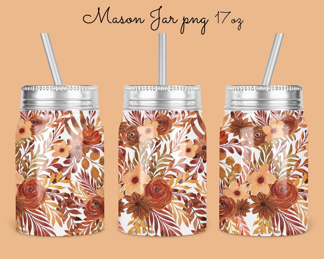 17oz Mason Jar Tumbler Sublimation Design Template, Brown Floral Mason
