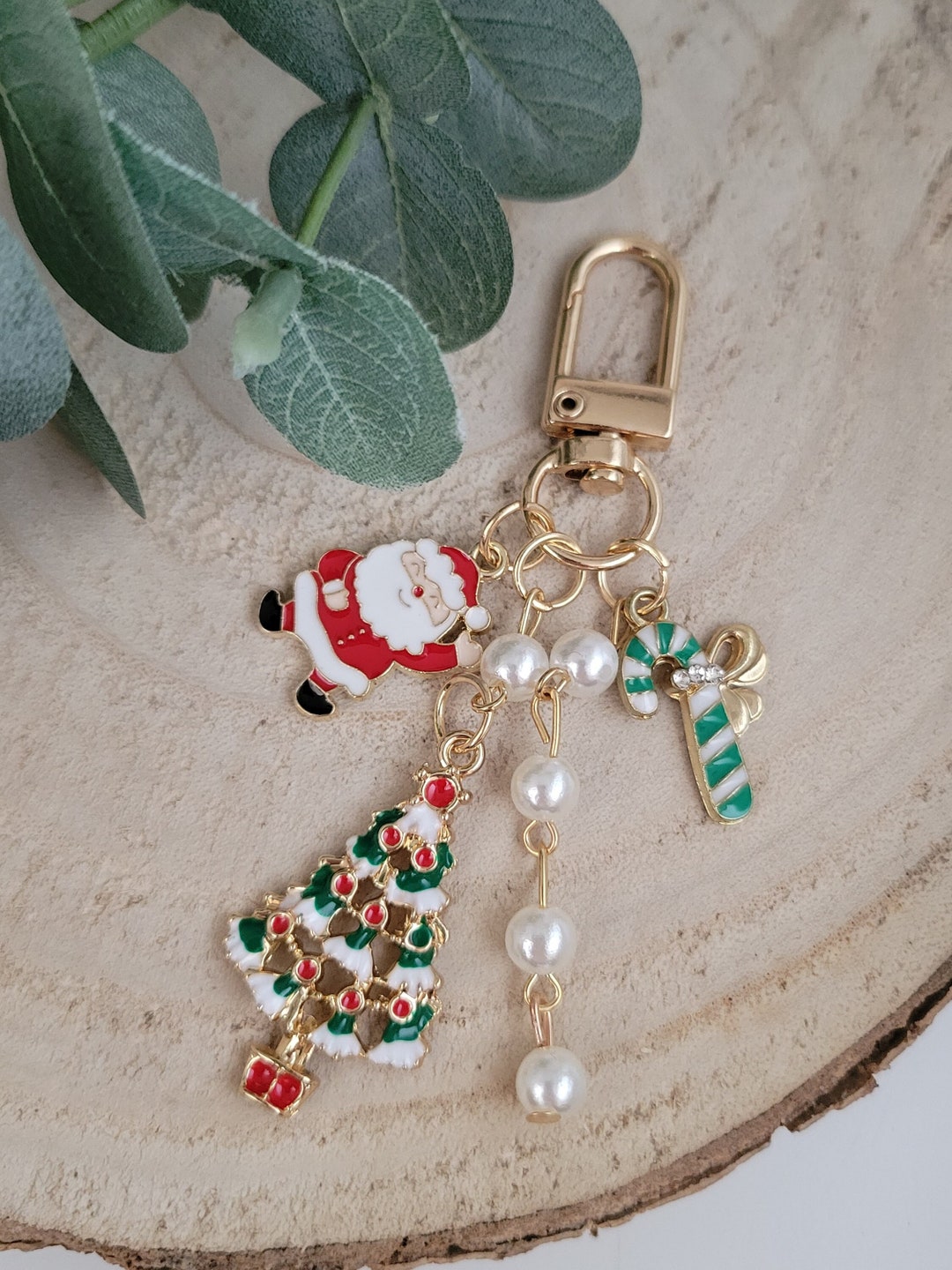 Festive Christmas Keychain Santa Christmas Tree Pearl Etsy