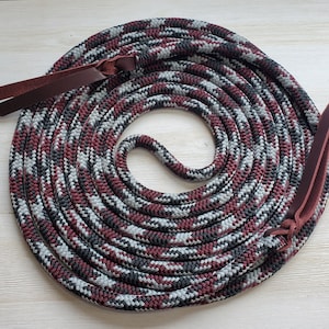 May include: A red, black, and gray braided rope with leather ends. The rope is coiled in a circle.