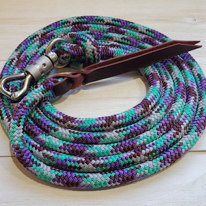 May include: A purple, teal, and gray braided rope dog leash with a leather handle and a silver clip.