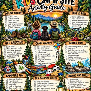 May include: A colorful Kids Campsite Activity Guide poster featuring a central illustration of two children and a dog overlooking a lake at sunset. The guide includes checklists for nature exploration, biking, creative projects, games, and water activities.