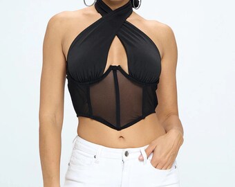 Criss Cross Neckholder Mesh Korsett Crop TOP