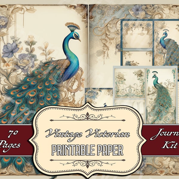 Commercial Use Peacock Vintage Junk Journal Pages, Scrapbooking, artistic, digital art papers