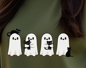 Puede incluir: Sudadera verde oliva con un gráfico de cuatro fantasmas blancos y gatos negros. Los fantasmas tienen ojos redondos y simples y están envueltos en sábanas fluidas. El diseño incluye el texto "Instant download PNG 300DPI".