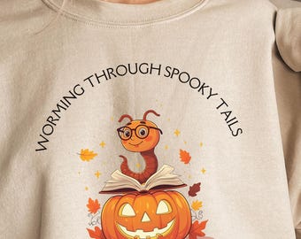Bookworm on Pumpkin PNG Cute Reading Worm Halloween Fall sweatshirt book lover gift Bookworm Reading PNG  bookish shirt Instant Download