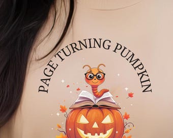 Bookworm on Pumpkin PNG Cute Reading Worm Halloween Fall sweatshirt book lover gift Bookworm Reading PNG  bookish shirt Instant Download