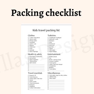 Lista de equipaje de viaje para niños imprimible pdf planificación de vacaciones lista de verificación de viajes planificador de viajes organizador de viajes descarga instantánea a4 a5 media carta