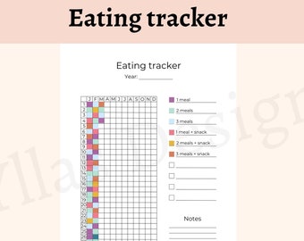 Peut inclure: Un suivi alimentaire imprimable avec une grille pour chaque mois de l'année. La grille est codée par couleur pour indiquer le nombre de repas et de collations consommés chaque jour. Il y a une section pour les notes en bas de la page.