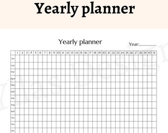 Planificador anual en formato horizontal de 1 página (PDF imprimible), planificador anual minimalista, resumen del año, planificador de 12 meses, descarga instantánea, tamaño A4.