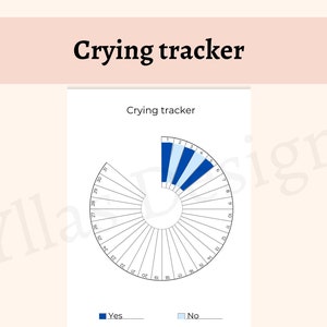 May include: A printable crying tracker with a circle divided into 30 sections. Each section is numbered 1-30. The sections are shaded blue or light blue to indicate whether the user cried on that day. The text "Crying tracker" appears at the top of the page. The text "Yes" and "No" appear below the circle, with a blue square next to "Yes" and a light blue square next to "No". The text "www.yllasdesign.etsy.com" appears at the bottom of the page.