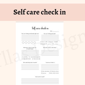 Könnte beinhalten: Eine weiße Selbstpflege-Check-in-Journalseite mit Aufforderungen für emotionales und körperliches Wohlbefinden. Die Seite enthält Abschnitte für das Führen eines Tagebuchs, die Verbindung mit anderen und die Selbstreflexion. Der Text "Self care check in" steht oben.