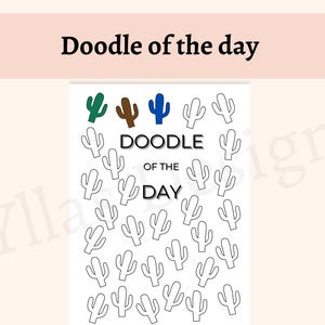 Planificador imprimible en PDF con dibujo de cactus del día, página de diario, página de dibujo diario, desafío de dibujo diario, descarga digital en formato A4 y A5.