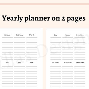 Yearly planner printable pdf 6 months on 1 page planner yearly task annual planner minimalist plan year calendar on 2 pages instant download