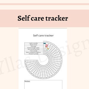 Könnte beinhalten: Ein druckbarer Selbstpflege-Tracker mit dem Titel "Self care tracker". Der Tracker enthält ein kreisförmiges Diagramm mit Feldern für tägliche Gewohnheiten und einen Notizenbereich. Die Etsy-Shop-URL befindet sich unten.