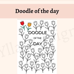 Doodle del día de tulipán, página imprimible en PDF para planificador, página de diario, página de doodle de dibujo diario, desafío de doodle diario, descarga digital A4 A5