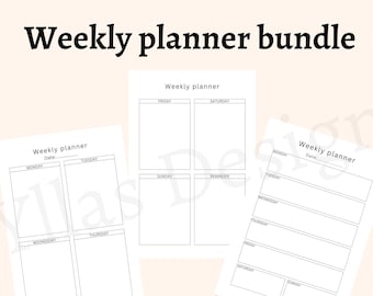 May include: Three printable weekly planner templates. The first planner has Monday through Thursday listed with space for notes. The second planner has Friday, Saturday, Sunday, and a reminder section. The third planner has Monday through Sunday listed with space for notes.