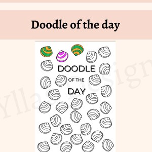 Può includere: Una pagina di scarabocchi stampabile con il testo "Doodle of the Day" in alto. La pagina presenta un motivo di conchiglie con alcune conchiglie colorate in alto.