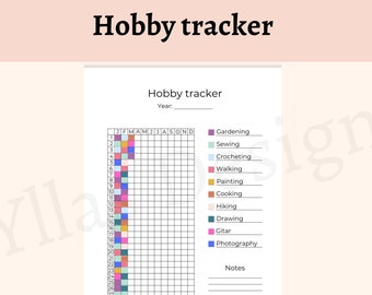 May include: A printable hobby tracker with a grid for each month of the year. The grid is color-coded for different hobbies, including gardening, sewing, crocheting, walking, painting, cooking, hiking, drawing, guitar, and photography. The tracker also includes a section for notes.