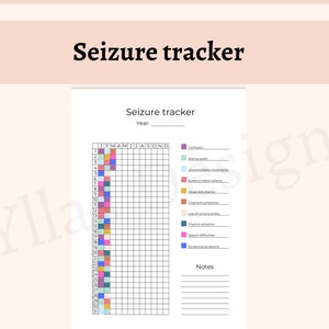 以下が含まれることがあります： 「Seizure tracker」と題された、印刷可能な発作トラッカー。 トラッカーには、発作イベントを追跡するためのグリッドが含まれており、月ごとの列と日ごとの行があります。 トラッカーには、メモセクションと症状のリストも含まれています。