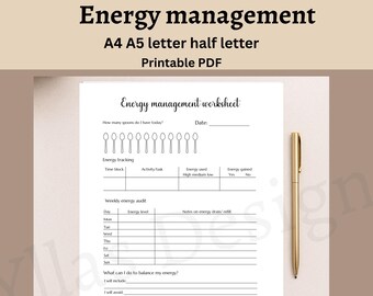 Arkusz kalkulacyjny do zarządzania energią do wydrukowania w formacie PDF, dziennik energii, strona dziennika samoopieki, strona planowania dziennika samoopieki, pobieranie cyfrowe, format A4, format A5