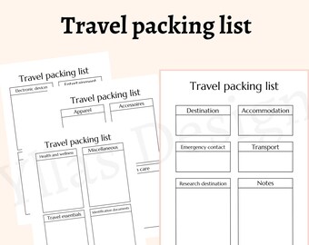 Travel packing list printable pdf travel packing checklist vacation planning travel organizer travel checklist instant download a4 a5 letter