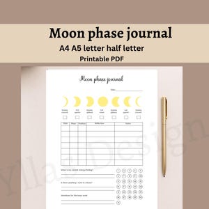 Könnte beinhalten: Ein druckbares PDF-Mondphasen-Journal mit weißem Hintergrund und goldenem Stift. Das Journal enthält Abschnitte für Datum, Phase, Position, Reflexion und Notizen. Es gibt auch einen Abschnitt für Absichten für die Mondwoche.