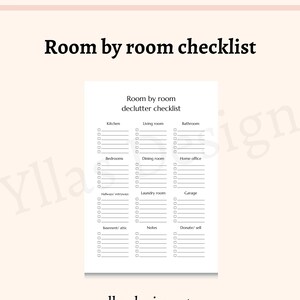May include: A printable checklist for decluttering a home, divided into rooms such as kitchen, living room, bathroom, bedrooms, dining room, home office, hallways, laundry room, garage, basement, and attic. The checklist includes a section for notes and donate/sell items.
