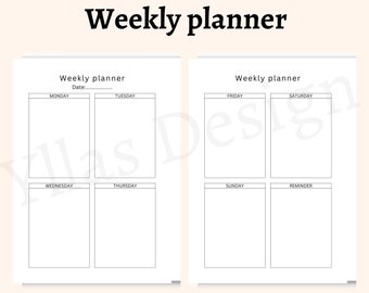 May include: A black and white weekly planner with a simple design. The planner has spaces for each day of the week, as well as a reminder section.